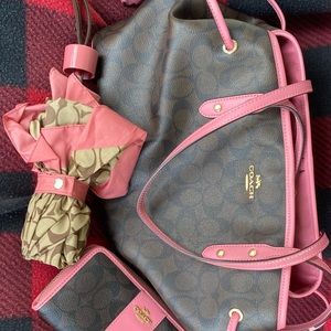 Brown & pink Coach bag, wallet, umbrella